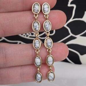 Gold Drop Earrings with White Marble Accents – Lightweight Statement Dangles